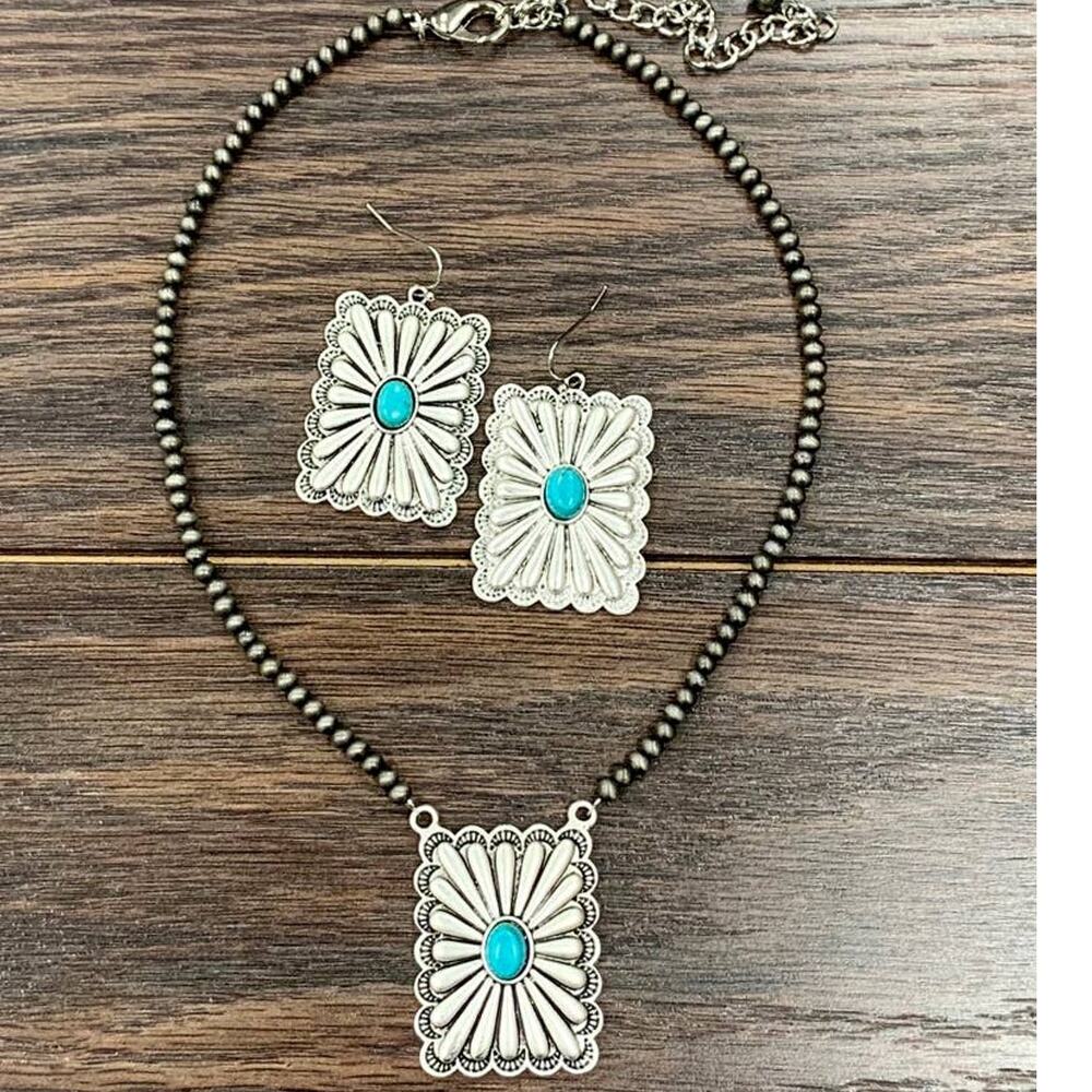 Boho Turquoise Concho Necklace & Earrings Set – Handmade Western Jewelry